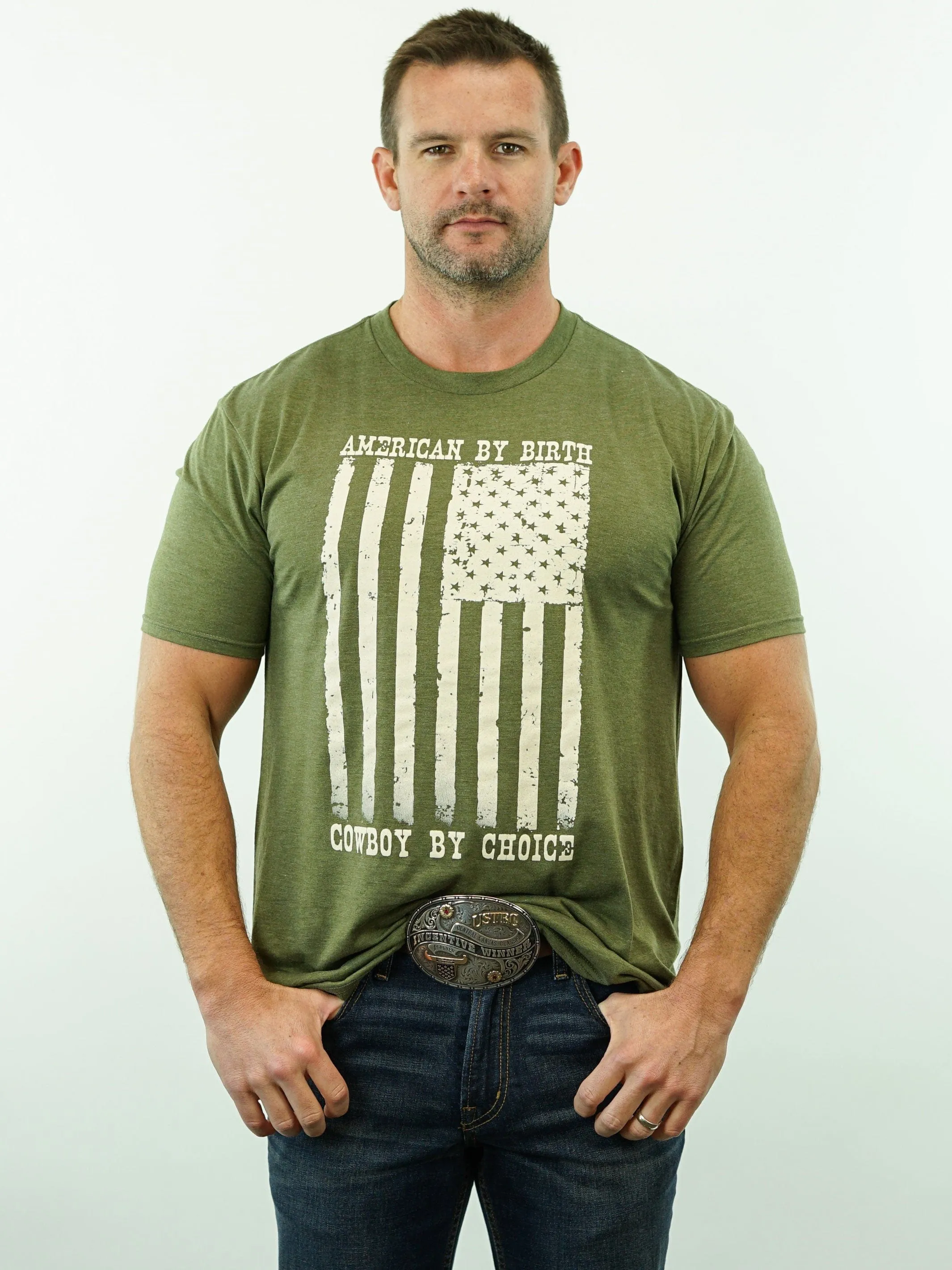 T-Shirt - American By Birth, Cowboy By Choice -  Army Green Heather