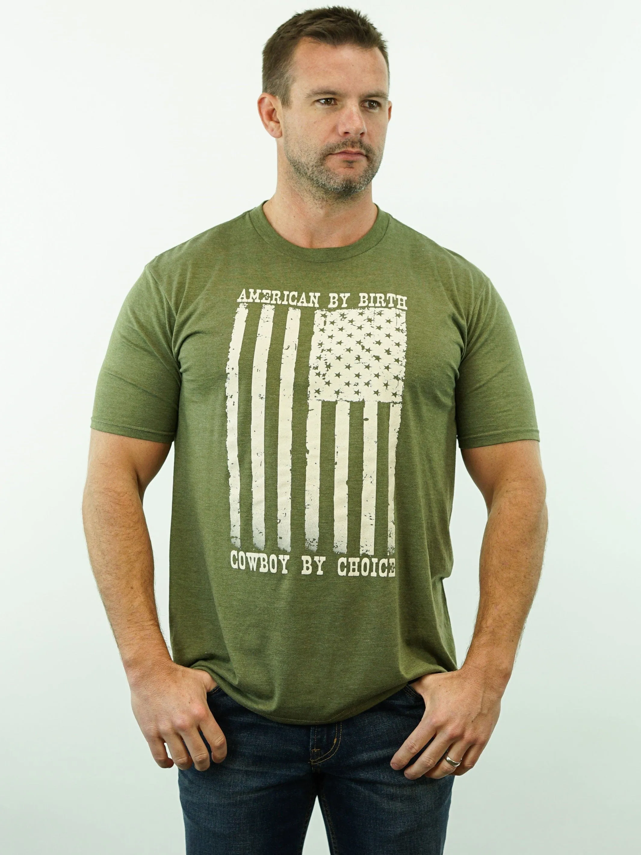 T-Shirt - American By Birth, Cowboy By Choice -  Army Green Heather