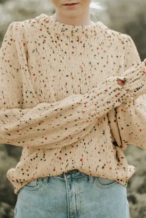 TastyHottie - Light French Beige Colorful Dots Cable Knit Crew Neck Long Sleeve Sweater