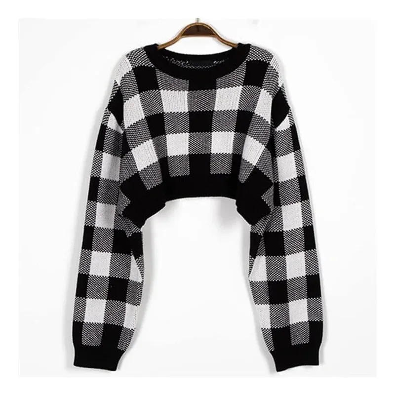 Toleet-Pullovers Women Checkerboard Crop Knit Sweater Long Sleeve Crew Neck Box-fit Plaid Jumper Outfit