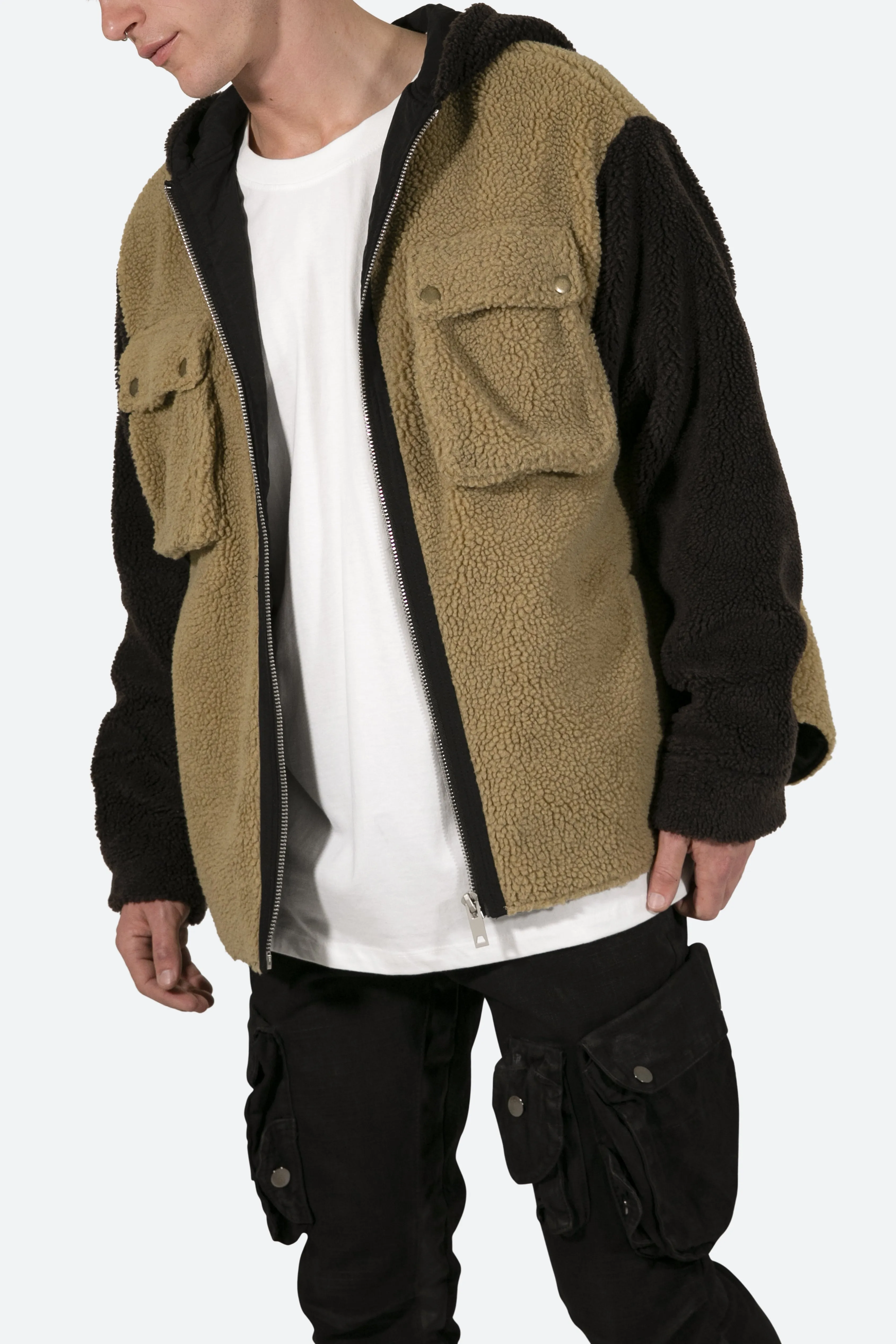 Two Tone Sherpa Zip Up Hoodie - Brown