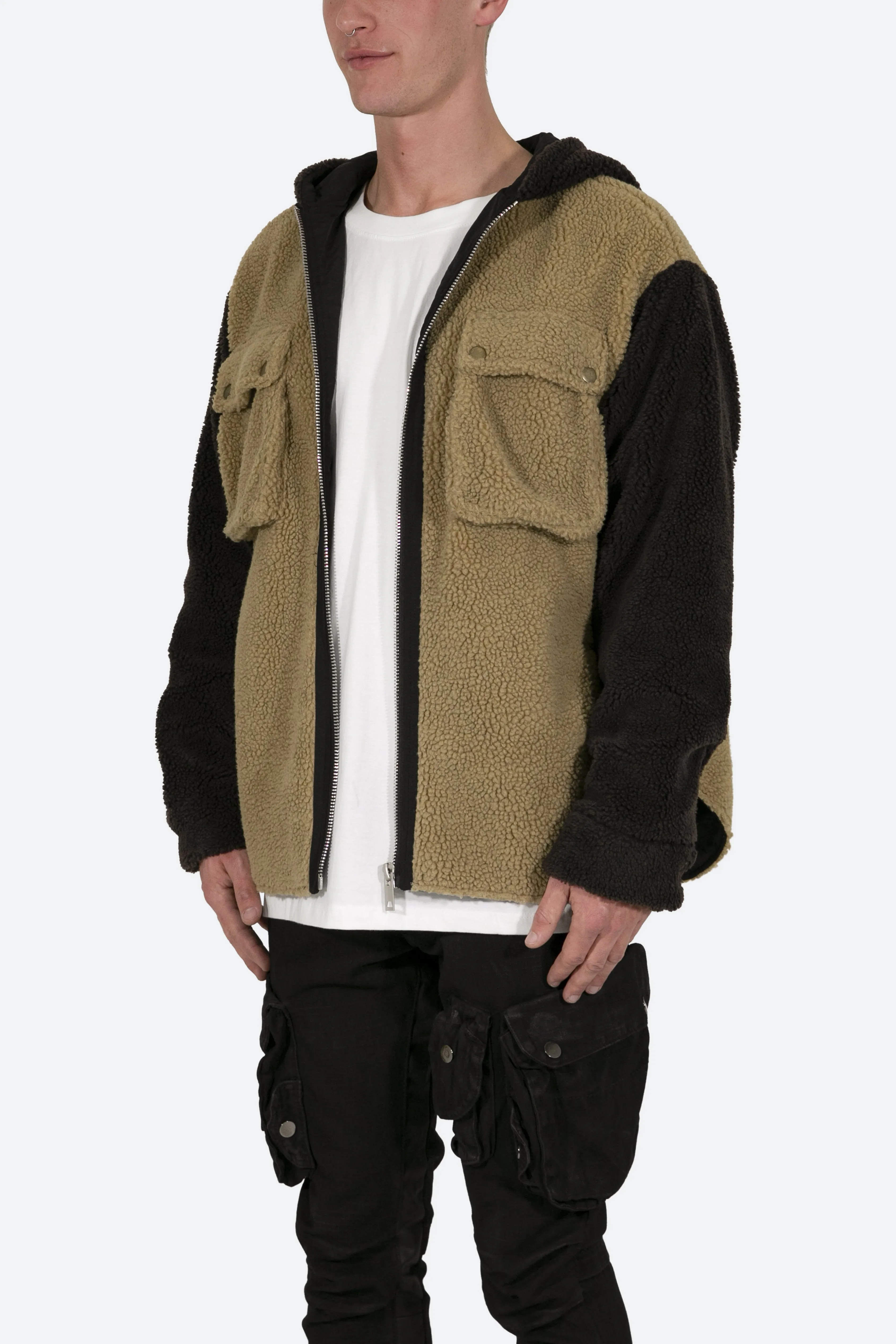 Two Tone Sherpa Zip Up Hoodie - Brown