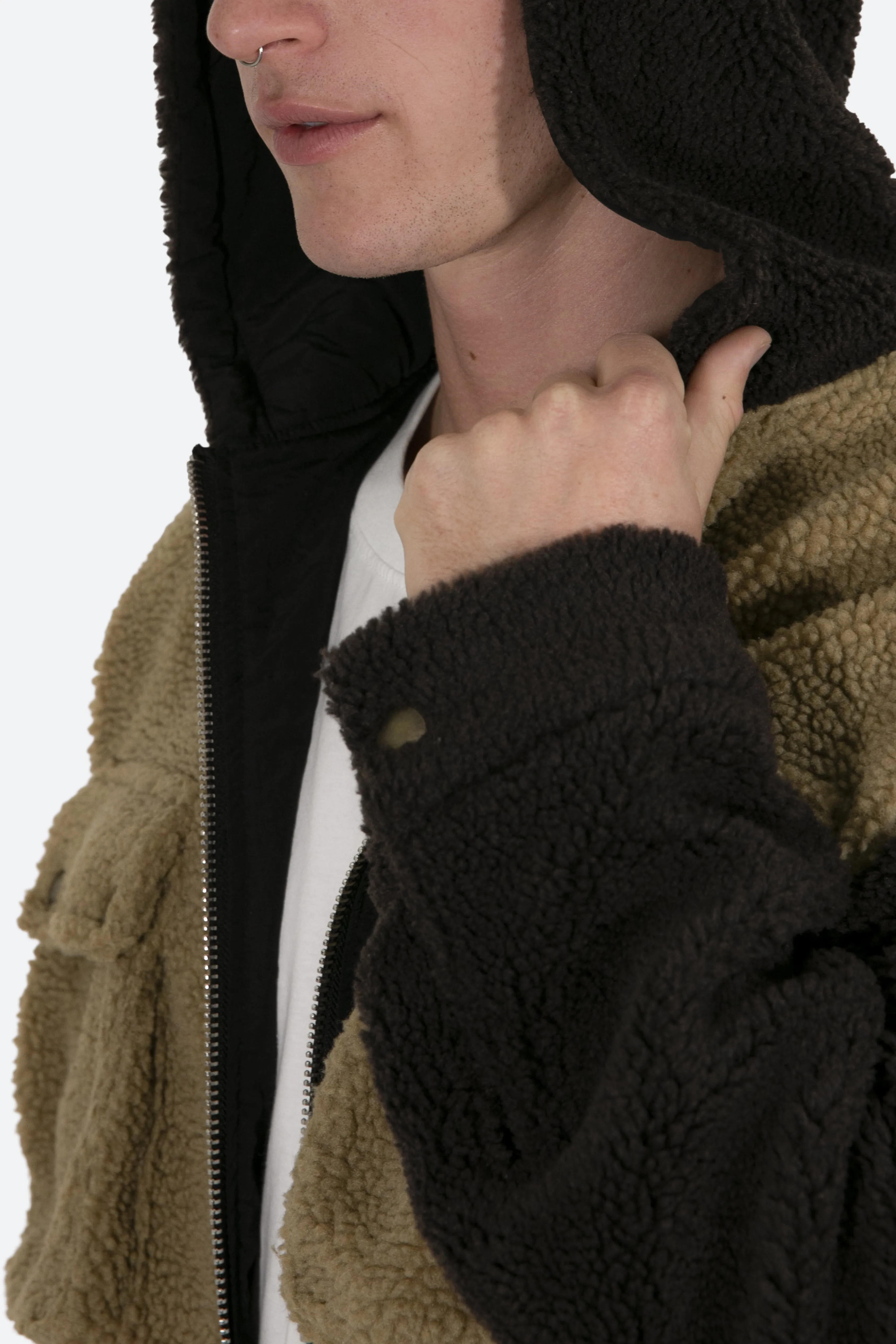 Two Tone Sherpa Zip Up Hoodie - Brown