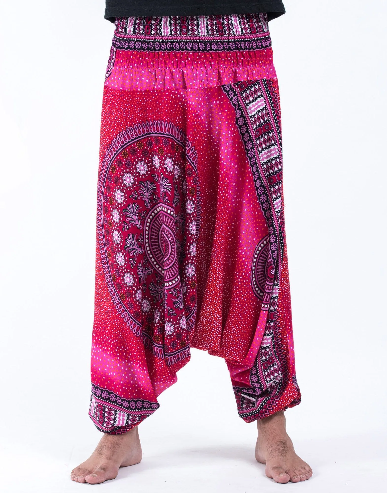 Unisex Tribal Chakras Drop Crotch Drop Crotch Jumpsuit Harem Pants in Pink