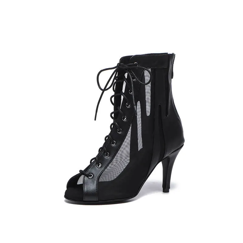 Women Black Lace Up Mesh Peep Toe Dance Boots