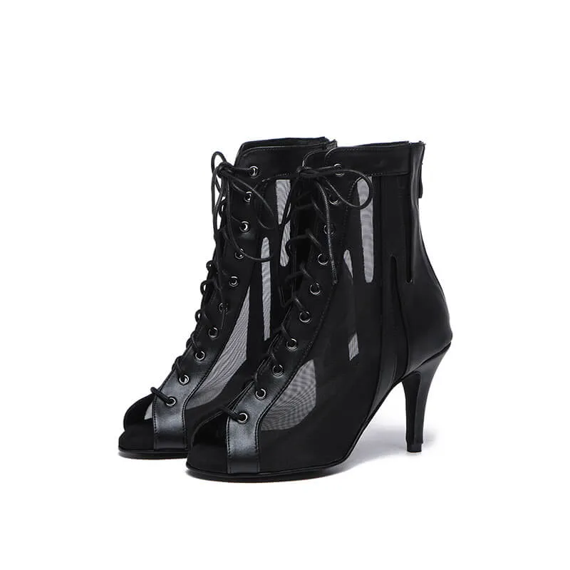 Women Black Lace Up Mesh Peep Toe Dance Boots