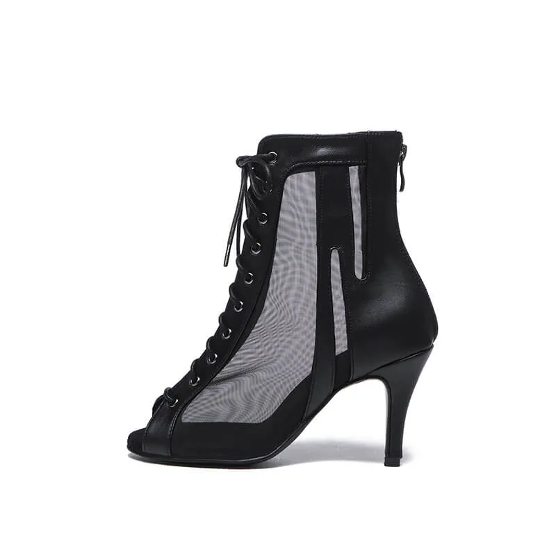 Women Black Lace Up Mesh Peep Toe Dance Boots