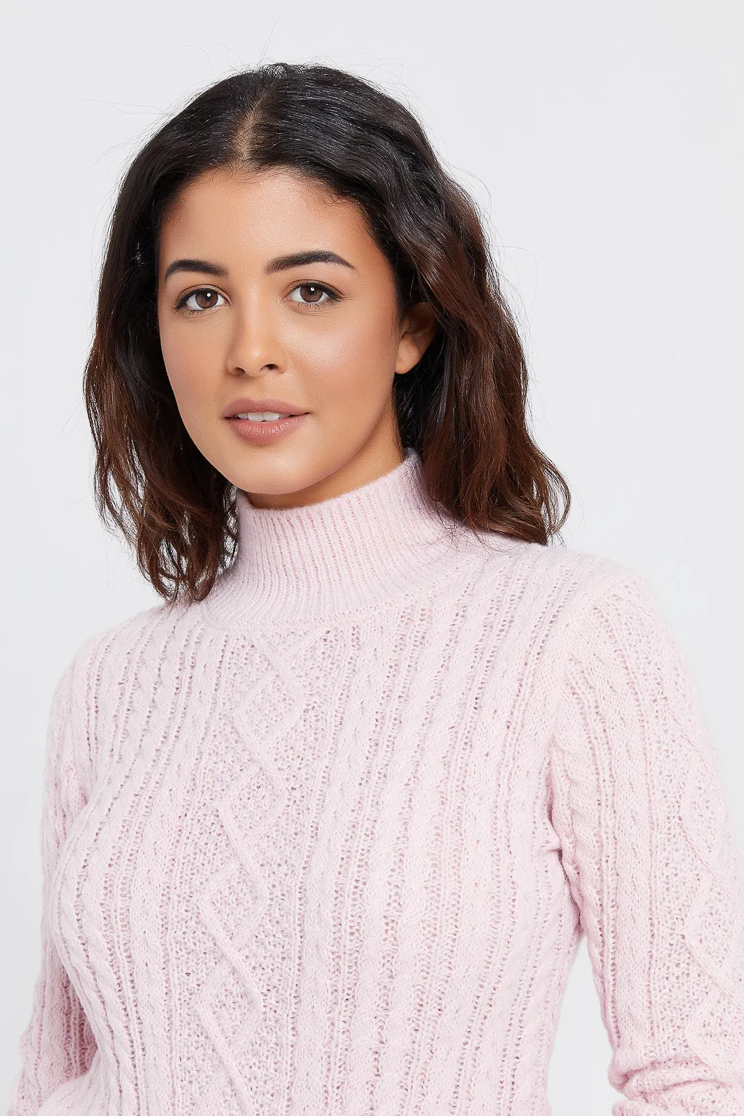 Women Pink High Neck Cable Pullover