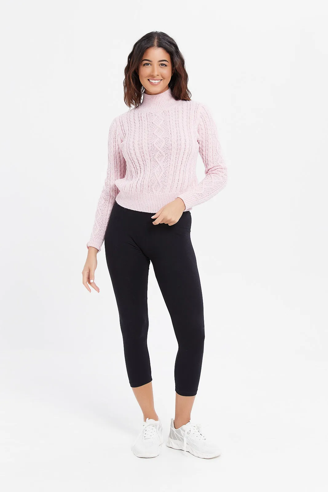 Women Pink High Neck Cable Pullover