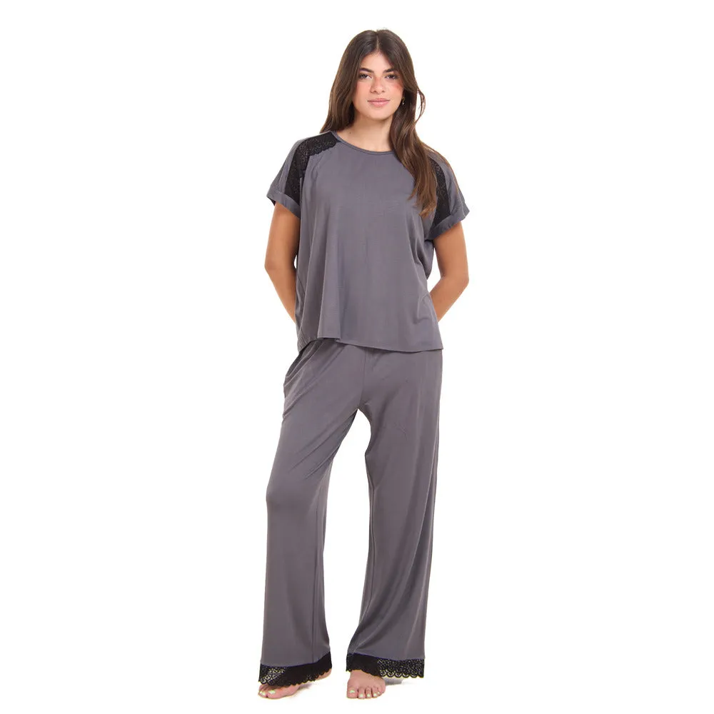 Women summer pajama set Dark Grey Lace shirt   Pants