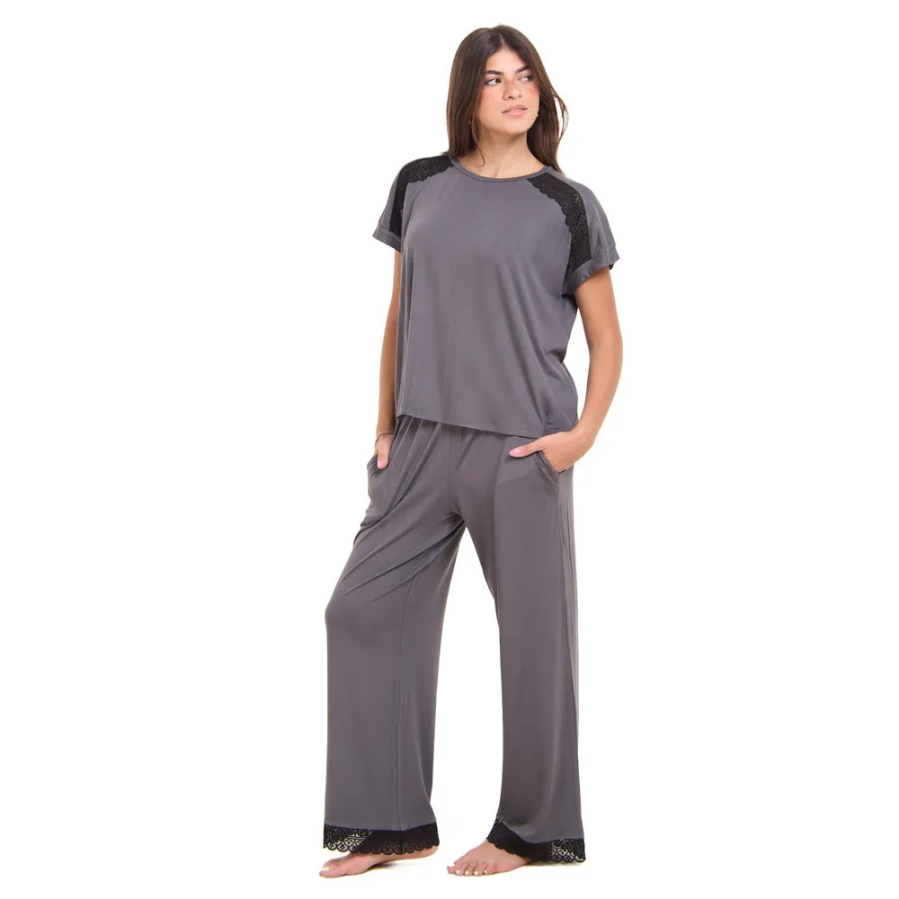 Women summer pajama set Dark Grey Lace shirt   Pants