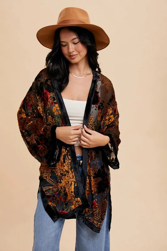 Women's Floral Velvet Burnout Kimono in Black