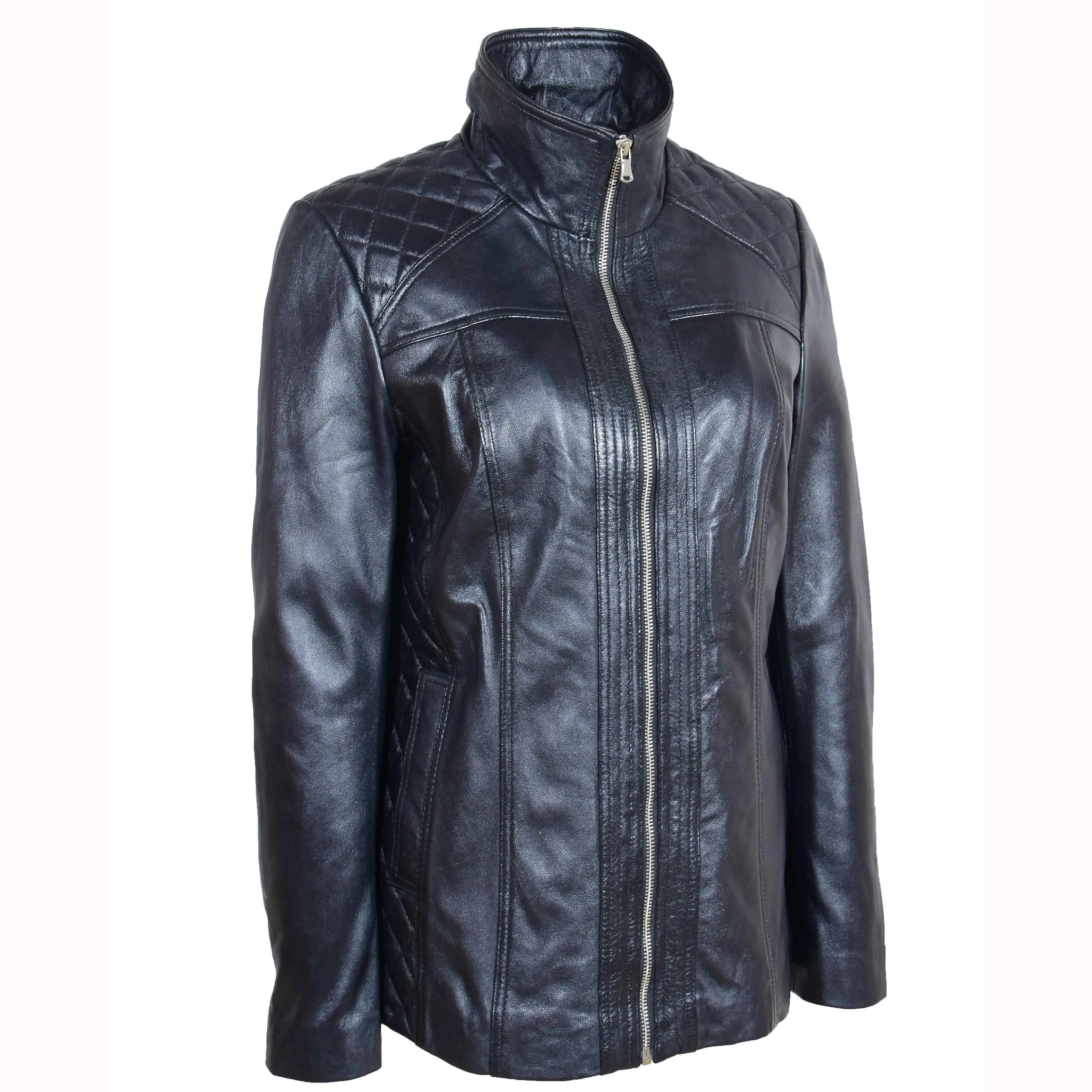 Womens Real Leather Jacket Zip Quilted ECHO Black